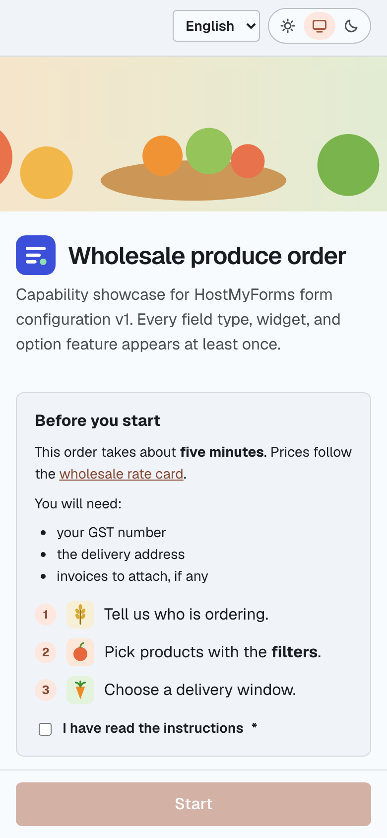 The demo campaign on a phone: the Wholesale produce order form with its instructions and a Start button