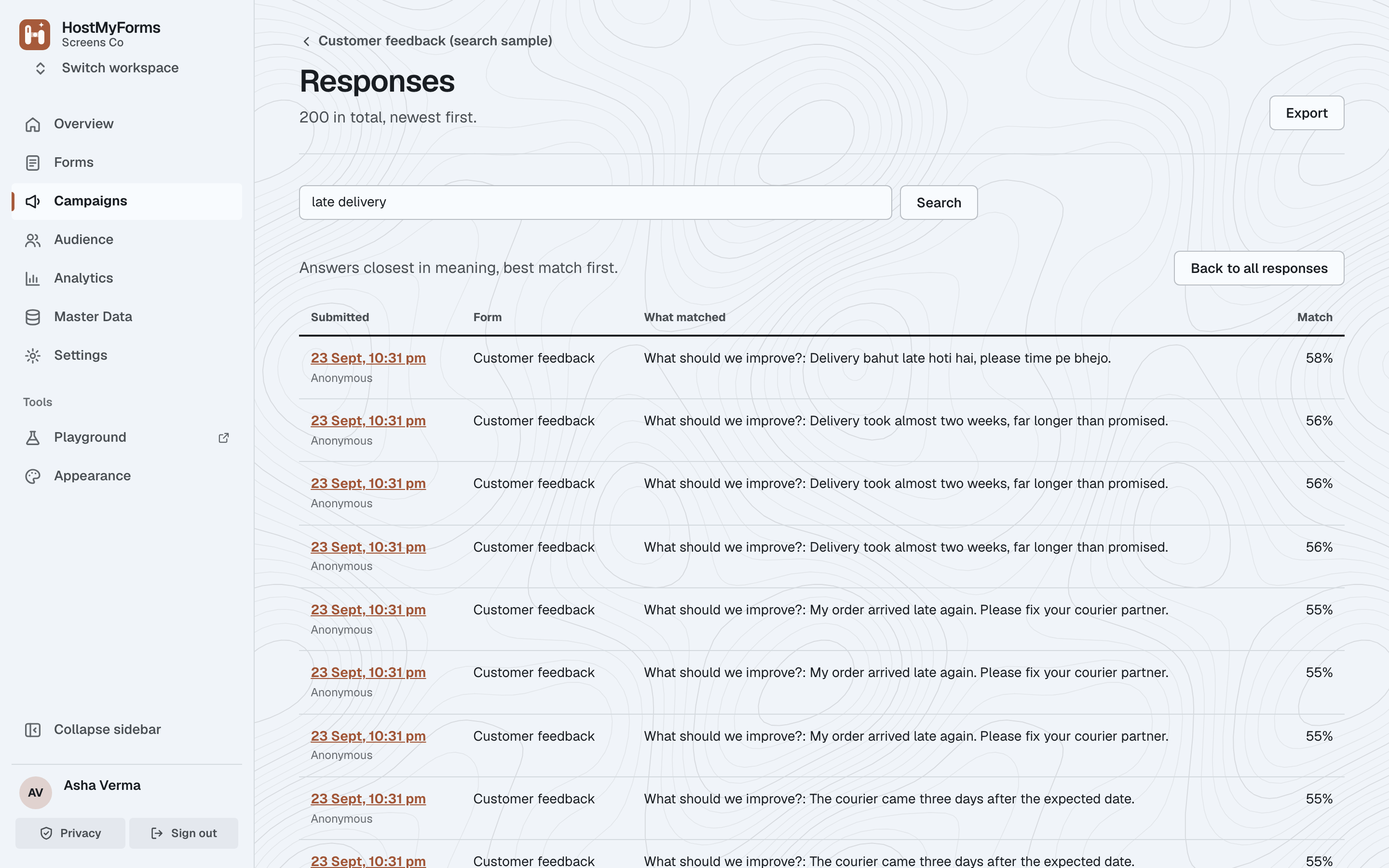 The response search in HostMyForms: the query late delivery, with the matching responses listed and the matching answers highlighted